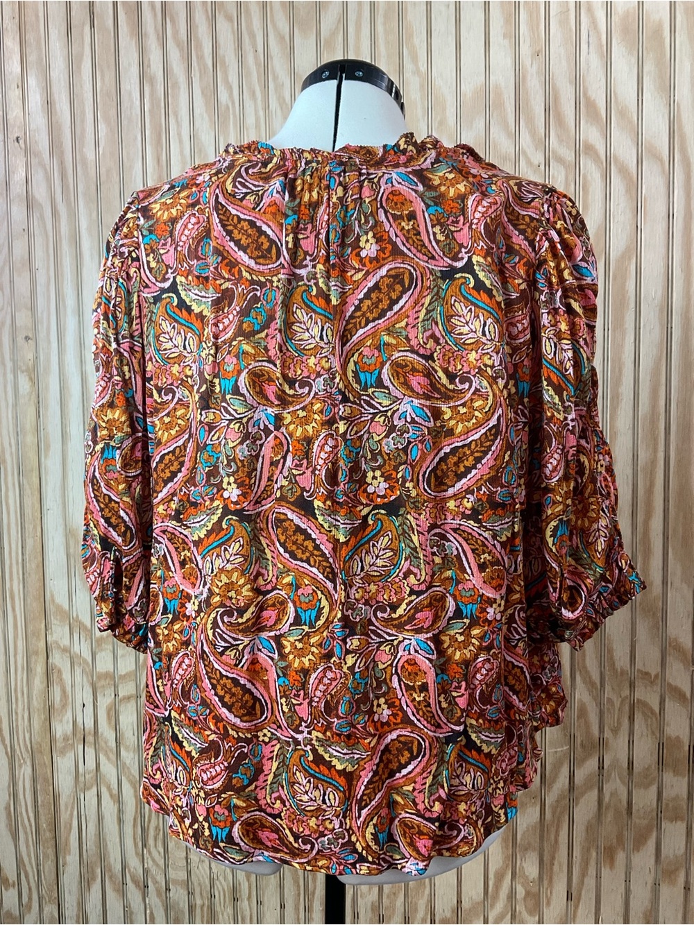 Democracy Paisley V-Neck Blouse in Brown, Pink and Teal - Picture 5 of 5